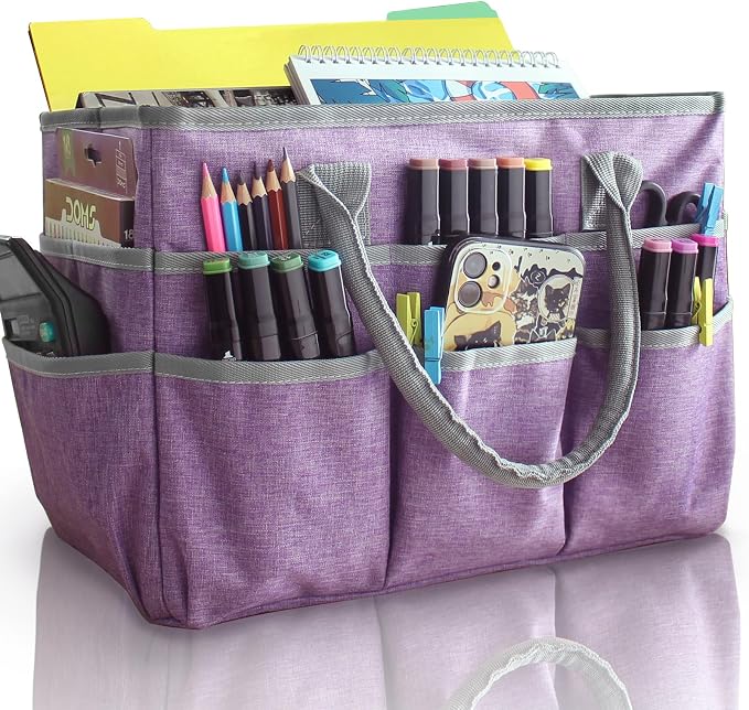 Cupohus Craft Organizer Tote Bag, Purple Sewing Bag for Art | Supply Storage Bags with Pockets and Handles, Oxford Fabric Carrying Caddy for Teacher, Officer, Artist, Traveler, and More