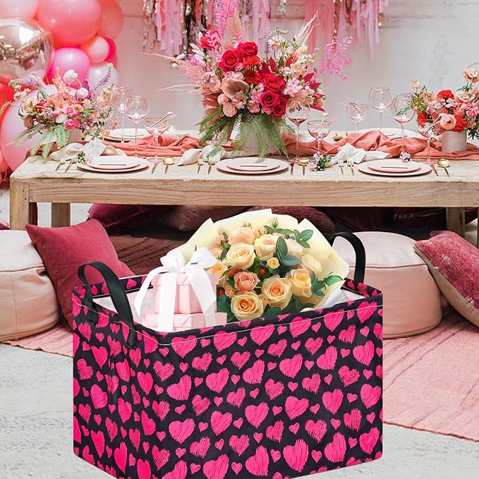 Kid Storage Basket Gift Shelf Basket Toy Storage Bin, Nursery Basket Organizer Box for With Handles for Room Deco Heart Pattern Valentine's Storage Basket