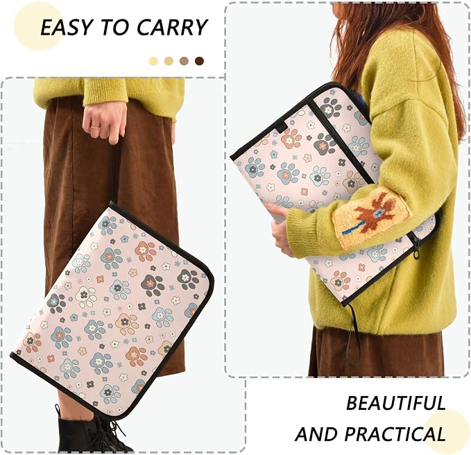 Cute Pet Paw Flowers Expanding File Folder with Sticky Labels, 13 Pockets Accordion File Folder Document Organizer Expandable Zip File Folder with Zipper Closure