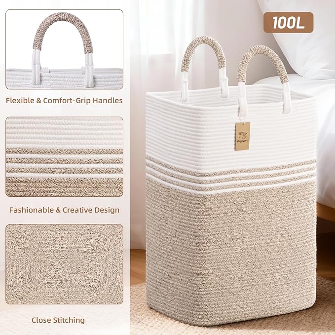 Laundry Basket Hamper,Blanket Storage,Dirty Clothes Hamper with Swivel Handles,Woven Cotton Rope Toy Baskets,Blanket Basket Living Room,Decorative Hampers for Nursery,Bedroom,White & Linen,100L