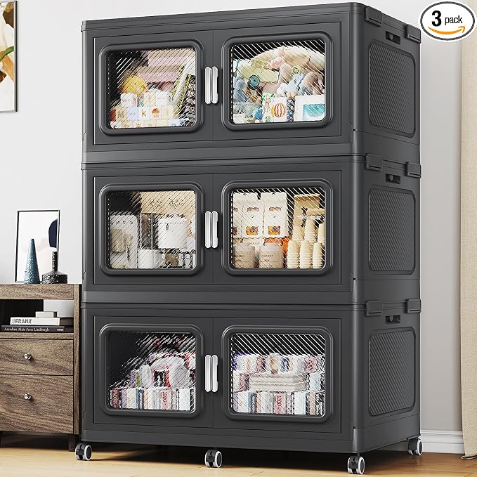 BROVIEW 660 Qt Extra Large Stackable Storage Bin with Lids, 3 Pack Black | 165Gal Extra Large, Collapsible Storage Boxes with 3 Lids, Folding& Rolling Plastic Drawer, Heavy-Duty Cabinet Organization