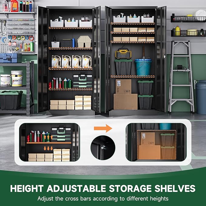 Metal Garage Storage Cabinets with Lock Door and Adjustable Shelves, Steel Tool Cabinets for Home,Office,Warehouse Organisieren (Black, 72" H)