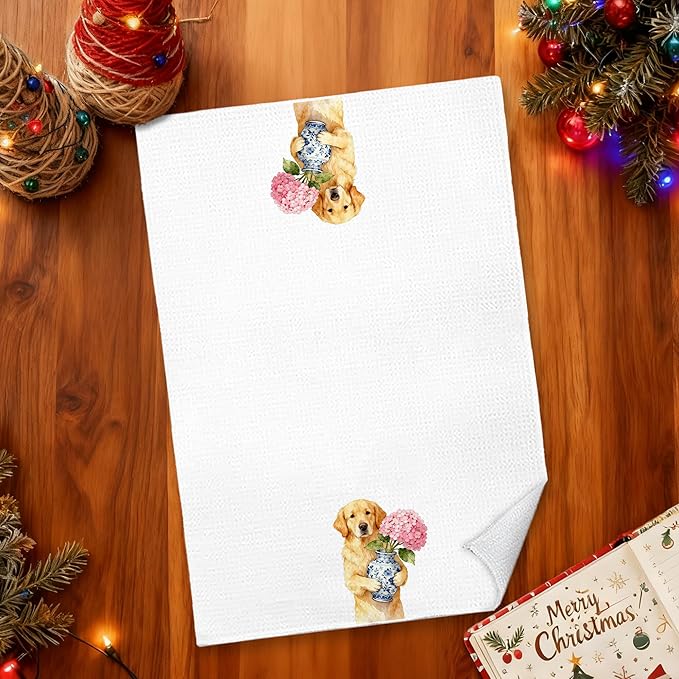 Chinoiserie Pink Hydrangea Golden Retriever Kitchen Towels 16x24 in, Golden Retriever Lover Gifts, Grandmillennial Pink Floral Dog Decorative Hand Tea Dish Towels for Bathroom Kitchen