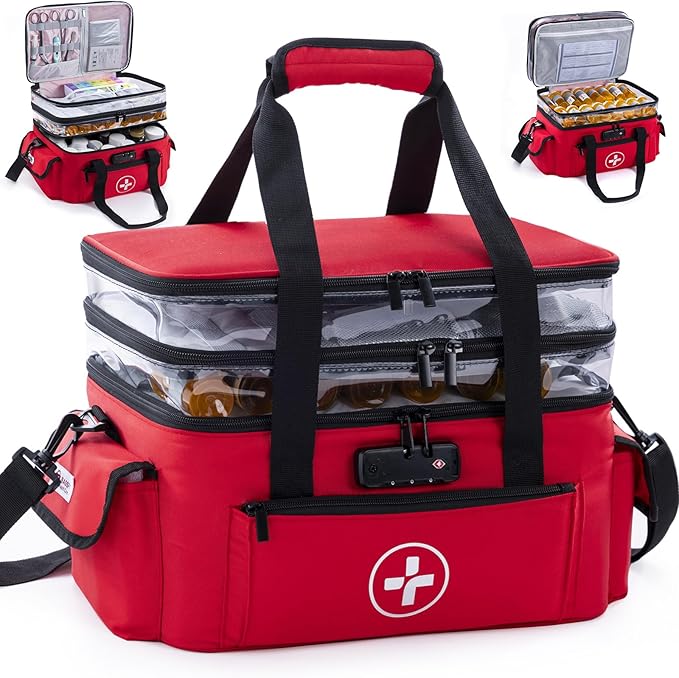 BAGSFY 3-Tier Medicine Organizer with Combination Lock – Large Medicine Bag, Empty First Aid Kit Case, Pill Bottle Medical Supply Organizer, Travel Prescription Bag, Medication Storage Container