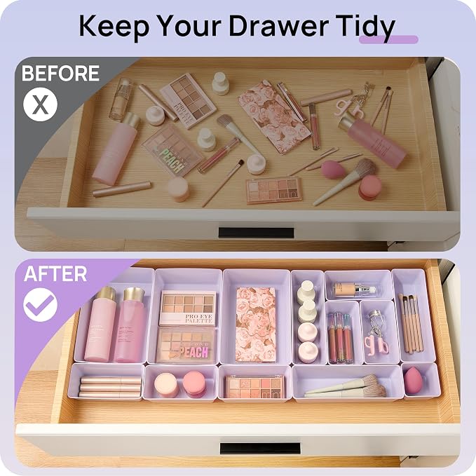 Vtopmart 25 Pack Plastic Drawer Organizers with Non-slip Rubber Pads | 4-Size Versatile Makeup Organizer, Storage Containers Small Bins for Makeup, Jewelries, Bedroom, Kitchen Utensils and Office