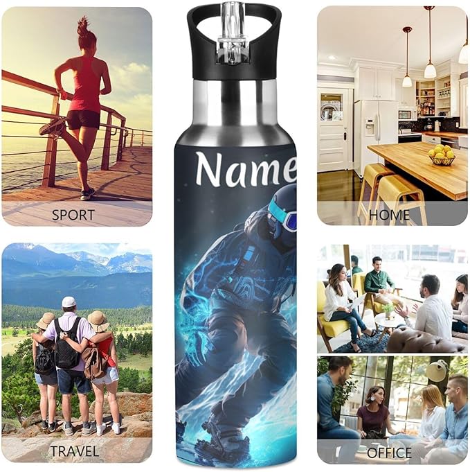 Custom Name Skier Ski Water Bottle with Straw Lid Kids Insulated Stainless Steel Water Flask Sports, 20 Oz Hot Cold