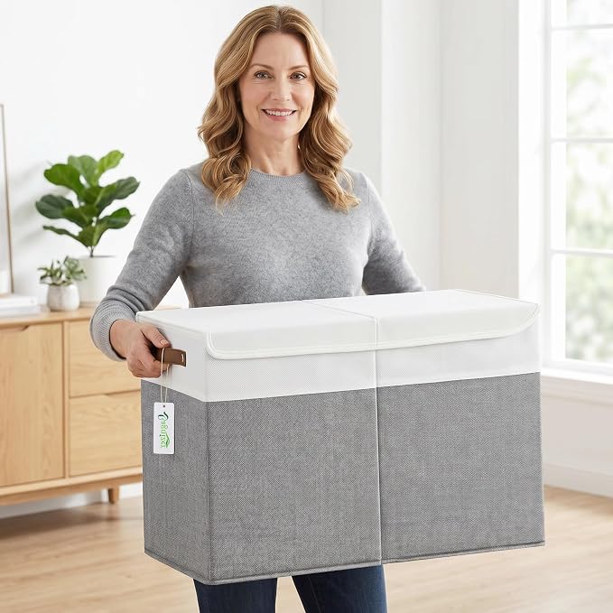 Large Toy Storage Box with Lids, Collapsible Sturdy Baby Storage Organizer Chest Bin Basket for Kids, Boys, Girls, Playroom, Nursery, Bedroom, Closet 25"x13"x16" (Gray and White)