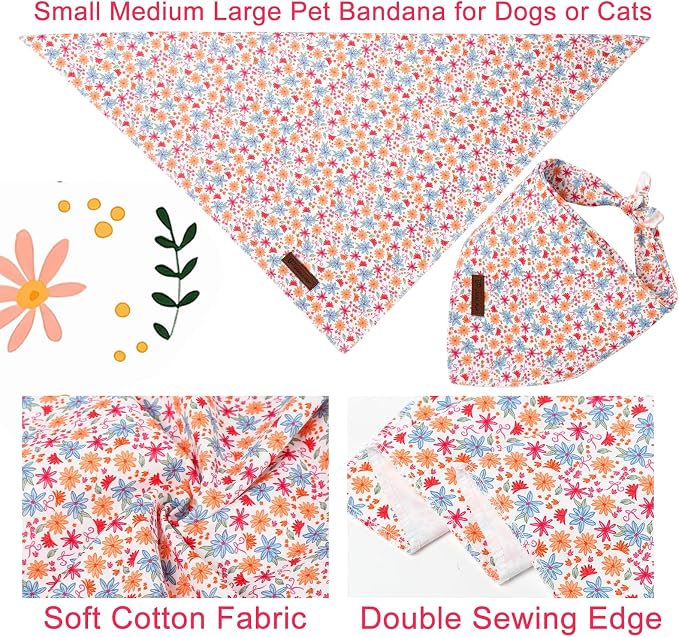 Spring Summer Dog Bandana, Floral Puppy Bandana for Small Medium Dog, Cotton Flower Pet Triangle Bid Scarf Kerchief for Girl Boy Dogs or Cats
