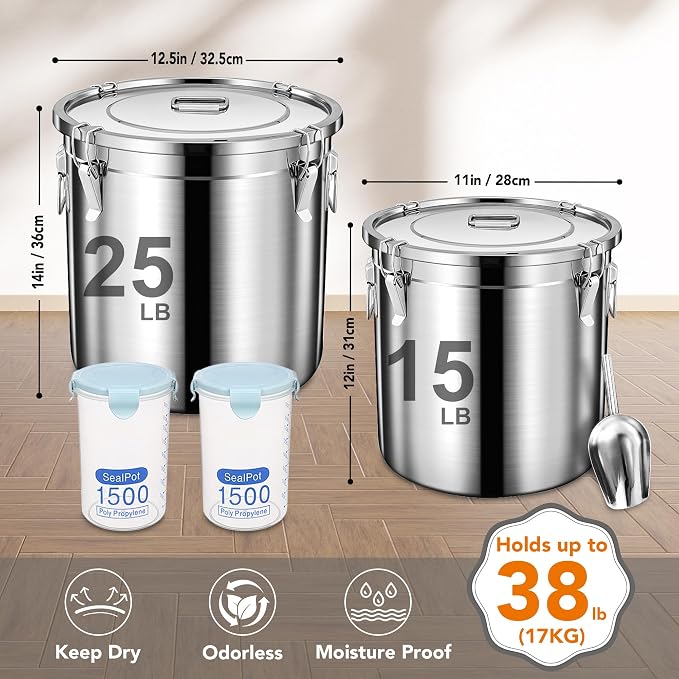 Newget 38lb Airtight Stainless Steel Dog Food Storage Container with Scoop | Large Metal Pet Food Containers Set with Sealed Lid, Metal Lock for Easy Open and Close, Keeps Fresh for Cat / Dog Food