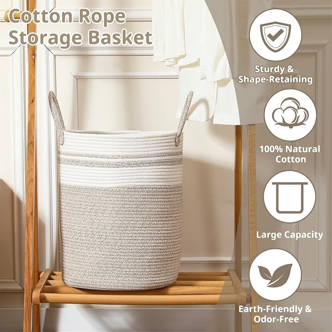 80L Large Woven Laundry Basket Hamper, 100% Natural Cotton Rope, Handwoven & Durable, Storage for Blankets, Toys, Clothes, Nursery Hamper for Living Room, Baby Room, Bedroom (Brown with White)