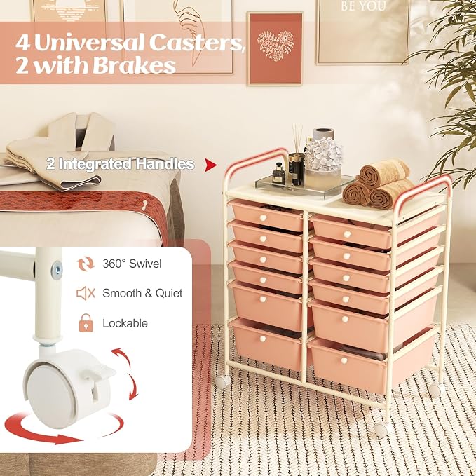 12 Drawer Rolling Storage Cart, Art Cart Organizer on Wheels, Mobile Utility Cart with Drawers, Multipurpose Craft Drawers for Home Office School Classroom (Peach)