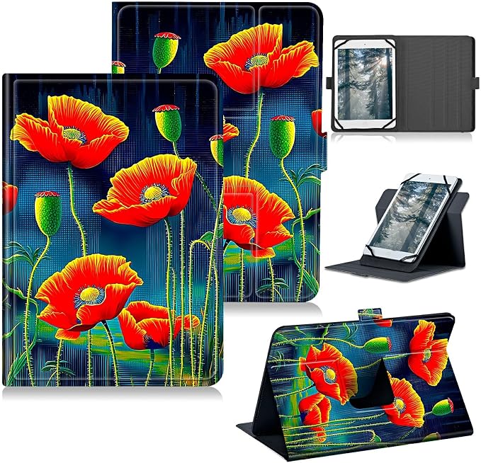 Universal Case for T-Mobile Revvl Tab 2 10.1" Model:9185W 2025/Revvl Tab 5G 10.36" 2023, 360 Degree Rotating Kickstand Protective Stand Leather Shell Cover for 9"-10.5", Artistic Red Flower