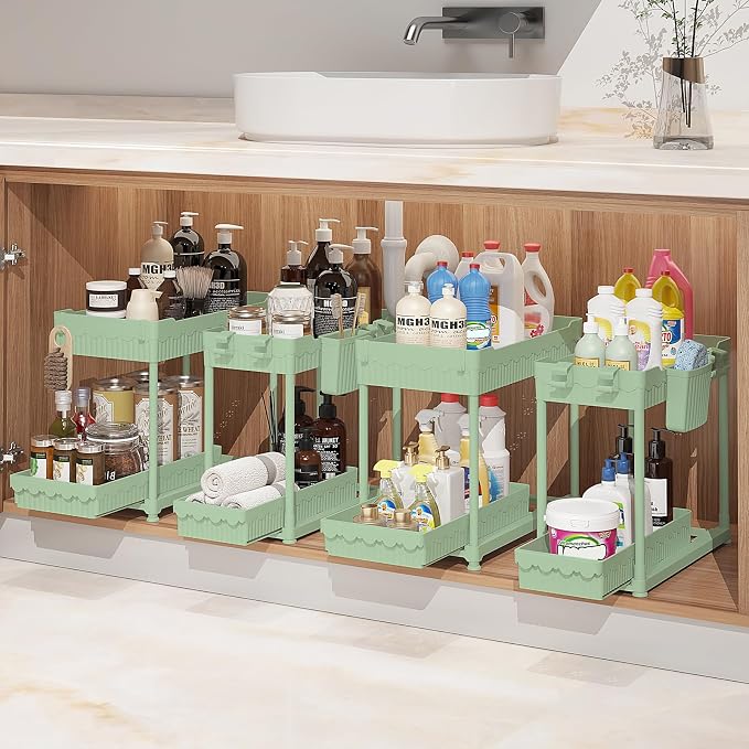 4-Pack 2-Tier Under Sink Organizer with Pull Out Drawers | Multi-use kitchen & bathroom storage. Includes hanging hooks and cups. Green, space-saving cabinet design. 14.8 Inch