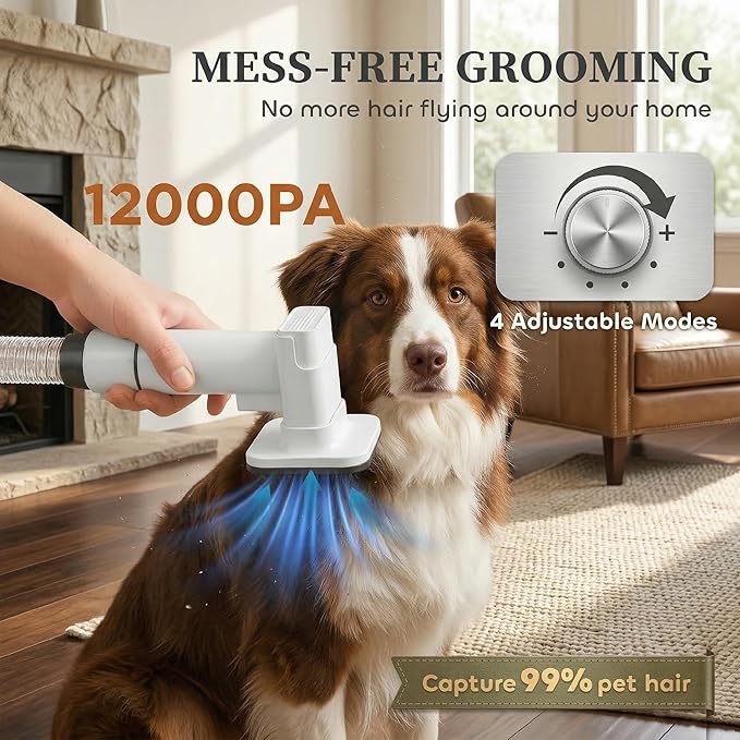 PawHut Dog Grooming Vacuum & Dryer, 5 in 1 Pet Grooming Kit with 50dB Low Noise Electric Clipper, 12Kpa Powerful Dog Vacuum for Shedding Pet Hair, Adjustable Speed & Temperature, 1.8L Canister