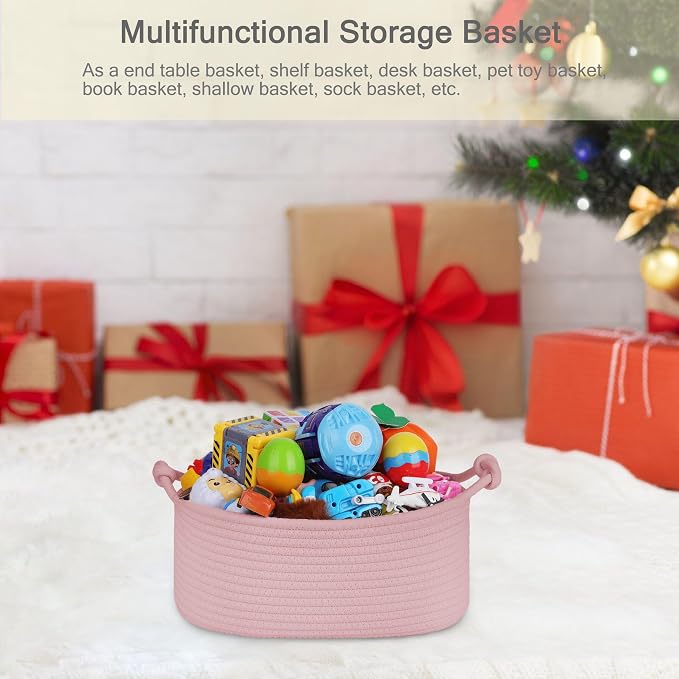 Small Empty Gift Basket with Bag & Ribbons, Dusty Pink | 12“x8”x5”, Cotton Rope Woven Basket for Birthdays, Baby Showers, Mother's Day, Christmas; Stores Small Items, Kids & Pet Toys