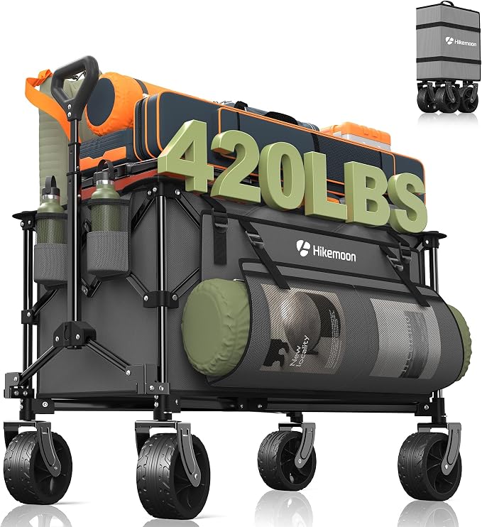 HIKEMOON 150L Collapsible Wagon Compact with Big Wheels, 420LBS Grey | Wagons Carts Foldable, Heavy Duty, Portable, All-Terrain, Utility Folding Cart for Shopping/Beach/Garden/Camping/Sports