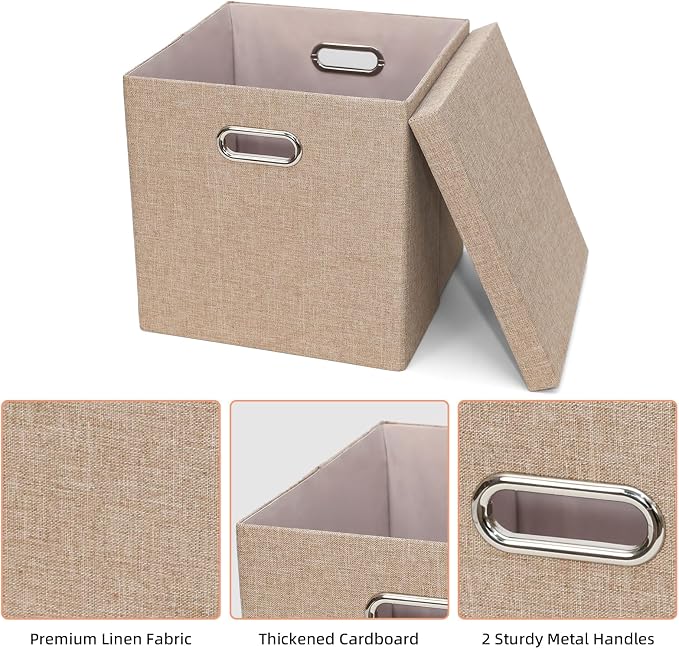 Storage Bins with Lids, Linen Fabric Boxes Organizer Containers with Lid Foldable Storage Box Basket for Closet, Shelves, Home, Office, 12 x 12 x 12 Inch, 4 Pack, Khaki, AG3006-7