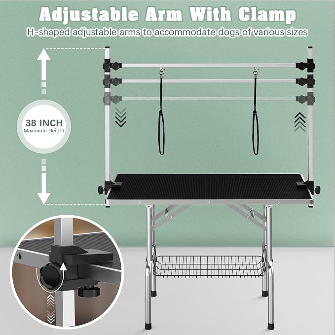 46'' Stainless Steel Pet Dog Grooming Table, Arm/Noose/Tray, Black | Foldable Dog Grooming Table for Dogs at Home, Adjustable Height Arm, Non-Slip Waterproof Tabletop, Capacity 330Lb