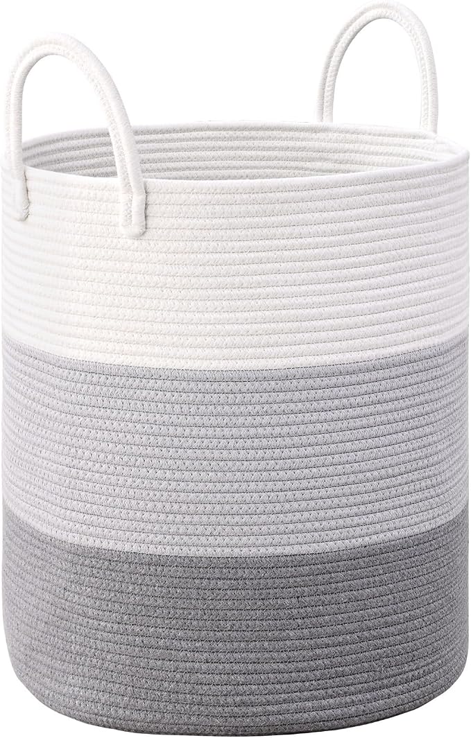 Laundry Hamper for Organizing, 52L Large Laundry Baskets, Cotton Rope Woven Blanket Basket, Collapsible Laundry Hamper for Living Room, Nursery, 15"×18", Gray