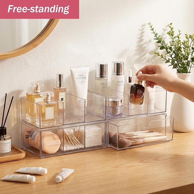 2 Tier Clear Bathroom Counter Organizer, Stackable Storage Drawers