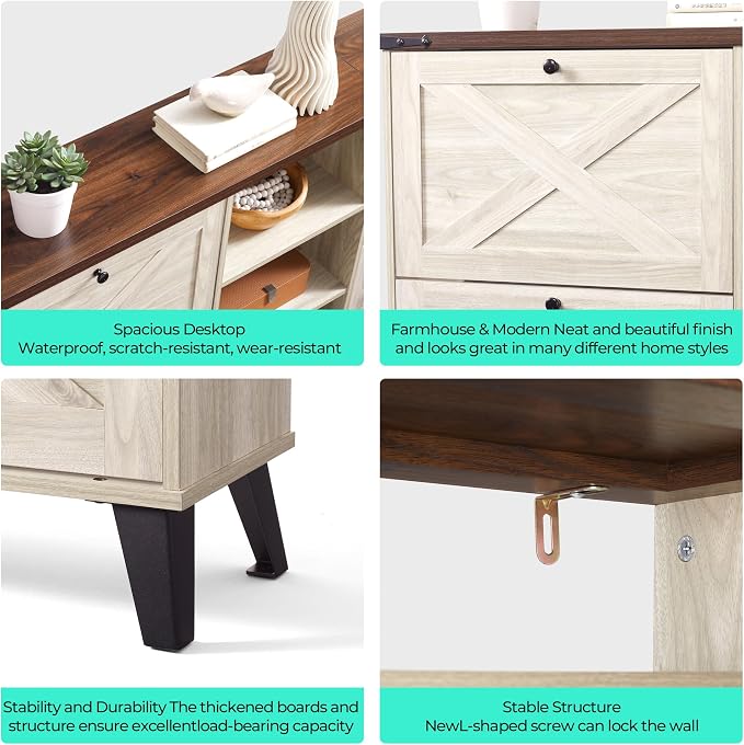 LINSY 63" Farmhouse Shoe Storage Cabinet Washed White | Tall Flip-Drawer Shoe Rack for Entryway, Adjustable Shelves for Boots, Heels & Sneakers Wood Finish with Sturdy Metal Legs