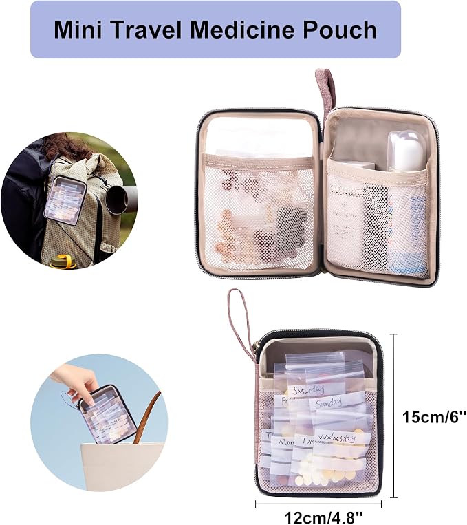 Lexeeco Travel Medicine Pill Bottle Organizer Bag with Portable Small Pouch | Medication Case with Lockable Zipper for Pill,Vitamin,Medicine Storage Box for College Dorm Student,Home,First Aid Bag Empty