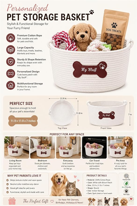 JUPPE Pet Dog Basket with Personalized Name, Dog Toys Storage Organizer Custom Cotton Rope Basket Nursery Decor (Brown Leather Basket)