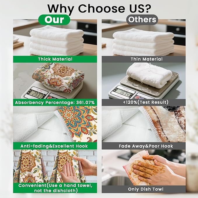 CUTHOLLOW Vintage Flower Pattern Hanging Kitchen Towels with Loop, Set of 2 - Soft & Super Absorbent Microfiber Decorative Hanging Dish & Hand Towel, Tea Coffee Towel for Kitchen Bathroom Oven Handle