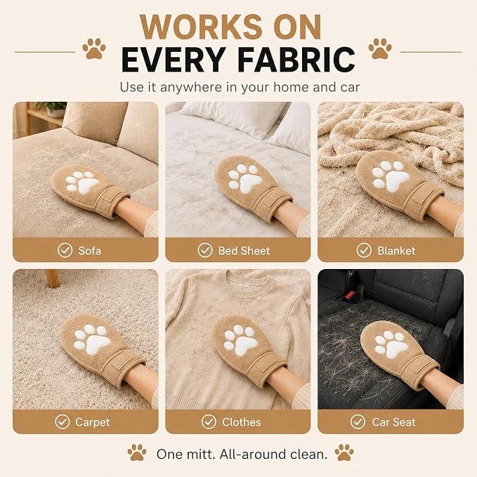 Paw Shape Pet Hair Remover Glove & Fur Storage Bag Set for Cats and Dogs (Beige), Washable Pet Hair Removr, Soft Lint Cleaning Glove for Sofa Carpet Bed Clothes