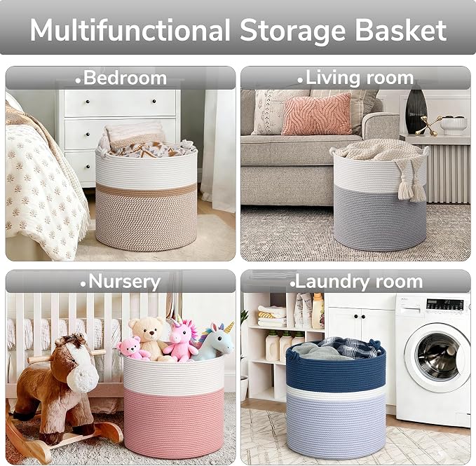 Goodpick Large Woven Rope Toy Storage Basket for Living Room, 60L, Grey | Small Laundry Basket for Organizing Baby Clothes, Blankets & Pillows, Great for Bedroom Nursery Home Décor