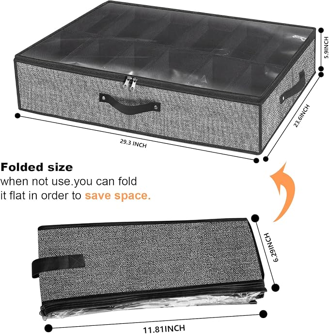 Under Bed Shoe Storage Organizer for Closet Fits 24 Pairs-Sturdy Underbed Shoe Storage Box Bins,Set of 2 (Linen-like Black)