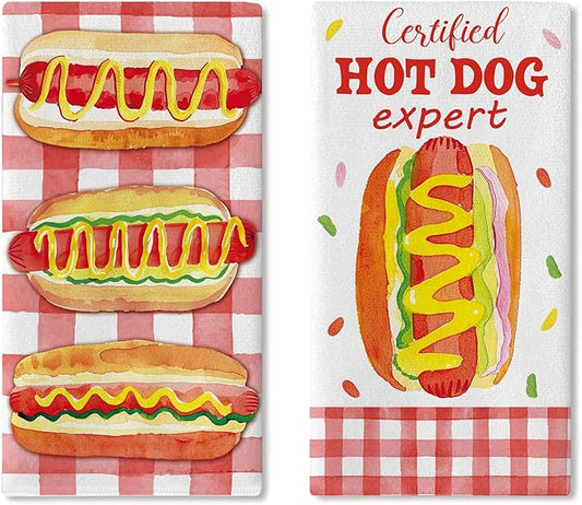 Certified Hot Dog Expert Kitchen Dish Towels Set of 2, Funny Fast Food Sausage Drying Hand Towel Baking Cooking Cloth, Red Plaid Farmhouse Home Decoration 18'' x 26''