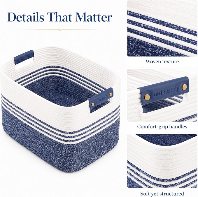 Cotton Rope Laundry Basket Extra Large, 25.4GAL Collapsible Woven Storage Baskets for Living Room Kids Toys Stuffed Animal,Boho Rectangular Decorative Hamper for Dirty Clothes, Blankets Denim Blue