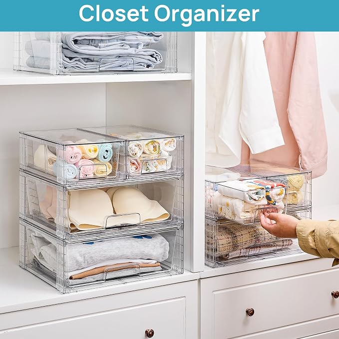Vtopmart Clear Stackable Storage Drawers, 5 Pack Wide Storage Set | Wide and Small Pull-Out PET Drawers Designed for Large and Small Item Sorting, Cabinets, Closets, Pantry