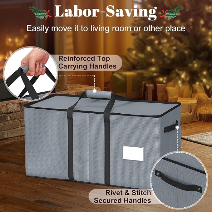 Keten Large Christmas Ornament Storage Boxes with Adjustable Dividers | Stores up to 128 Holiday Ornaments 3-Inch, 8 Individual Trays with Handles,48 Dividers, Zippered Lid, 600D Oxford (Grey)