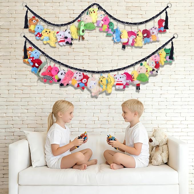 2PCS Stuffed Animals Storage Chain Organizers 80" Cotton Hanging Storage Chain with 40 Metal Clips Stuffed Animal Display Holder Chain for Wall or Corner Nursery Play Room (Black)