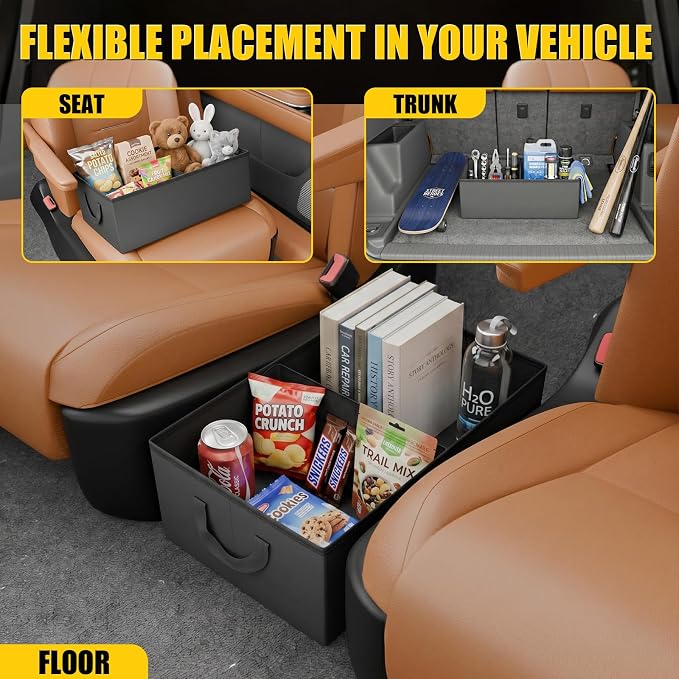PU Leather Storage Box with Lid and Divider | Large Foldable Organizer with Non-Slip Bottom and Side Handles Waterproof Storage Basket Universal Car Trunk Storage Box