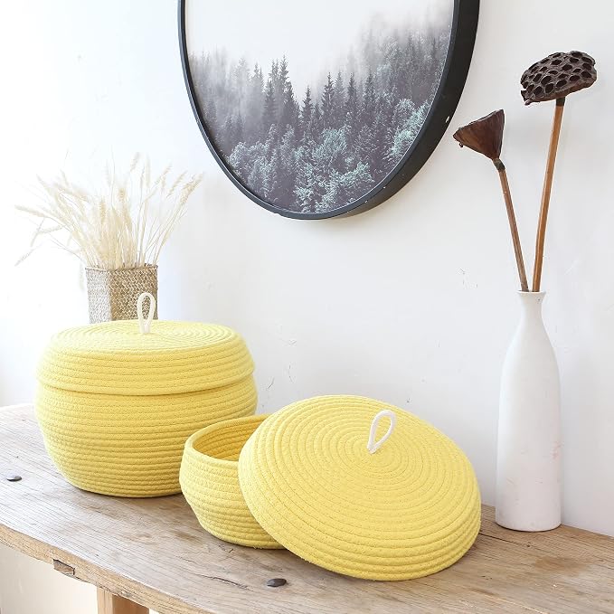 Sea Team Round Woven Cotton Rope Storage Basket with Lid, Yellow | Lidded Knitted Decorative Storage Bin, Pot, Caddy, Organizer, Container for Snacks, Towels, Plants, 13 x 9 Inches