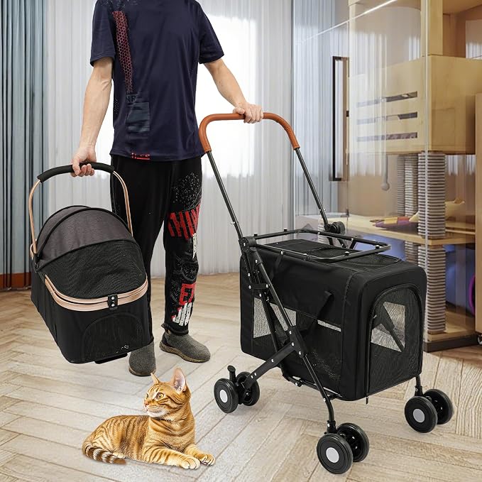 Pet Stroller, Portable Double Pet Stroller Cart with 4 Wheels, Heavy Duty Foldable Dog Cat Supplies, Multifunctional Carrying Storage Cat for Traveling with Pets, Shopping (Black)