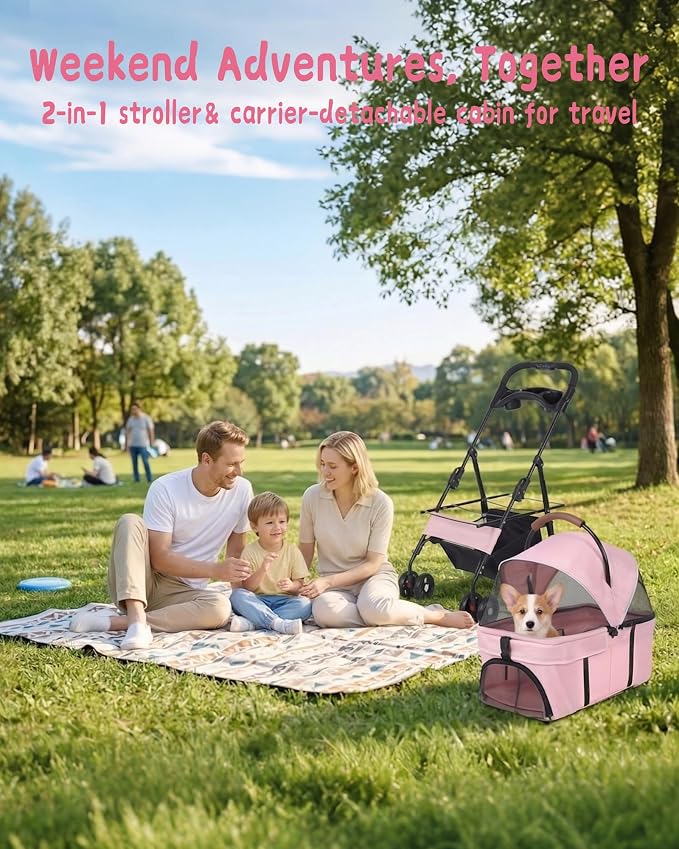 Pet Stroller, 3 in1 Foldable Dog Cat Stroller with Detachable Carrier-35lbs | Lightweight Foldable Dog Stroller, All-Terrain 4 Wheels, Compact Travel Pet Stroller for Small to Medium Pets-Pink