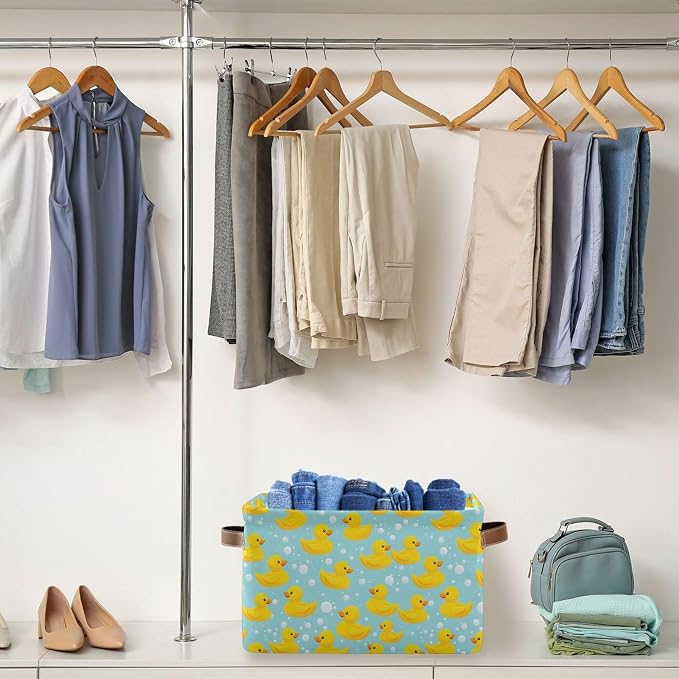 Yellow Duck Cute Storage Basket Fabric Bathroom Baskets Blue Bath Bubble Open Home Storage Bins Boxes Foldable Organizer Bag for Baby Cloth Pet Toy Book Shelf Closet Baskets 16×12×8 Inches 2 Pack