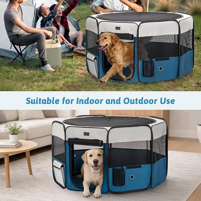 PETSFIT Portable Dog Playpen 45", Removable Waterproof Mat, Zippered Roof | Jump-proof, Collapsible Storage, RV Camping Travel, Indoor Outdoor Use, Large Dogs and Cats, 45.5"L x 45.5"W x 28.5"H