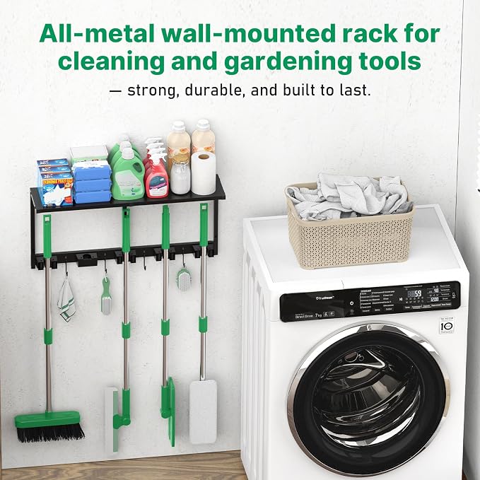 CCCEI Broom and Mop Wall Mount with Shelf, Laundry Room Cleaning Tools Organization Hanging Rack with Hooks, Bathroom, Garage, Garden Organizers and Storage. All Metal, Black, 2 Pack.