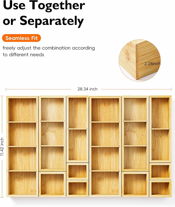 12-Piece Bamboo Drawer Organizer Set, 24 Compartments Modular Storage | Natural Bamboo, Flexible Modular Trays, Water-Resistant, Stackable Design, Adjustable, Excellent Organization, Easy to Clean