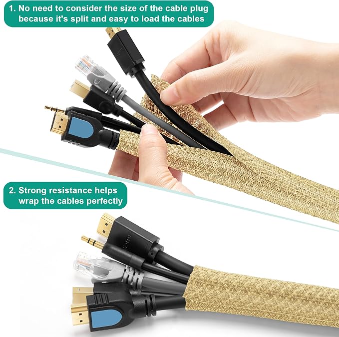Gold Cable Sleeve, 6.6ft, 4/5 inch | Cable Organizer, Wire Protector, Cable Wrap Cover, Cord Management