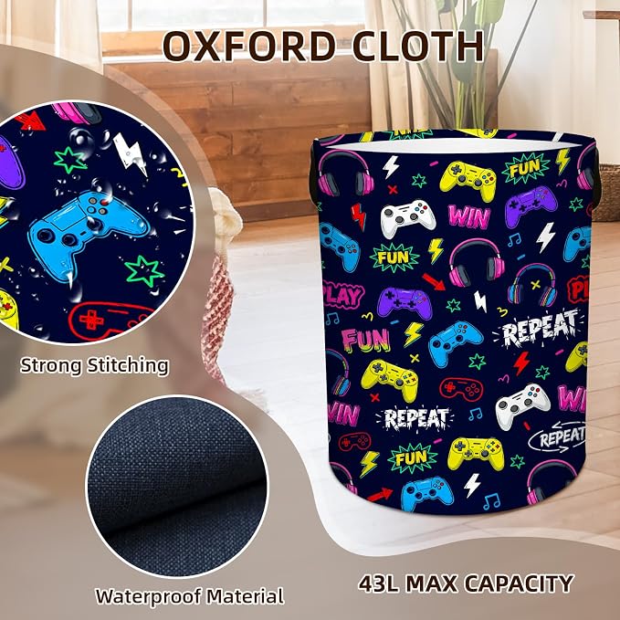 Game Laundry Hamper Boy Baby, Waterproof Laundry Basket for Bedroom, Round Collapsible Storage Bin with Handles for Toys, Nursery Hamper Storage Basket for Bathroom, Game Room Decor, 13.8x17.7in