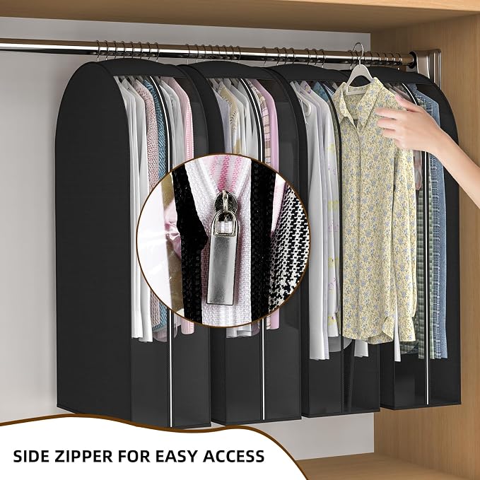Black Garment Bags for Hanging Clothes, 4-Pack, 43" | Upgraded thickened clear garment bags with 10" gusset for closet storage of shirts, coats, dresses