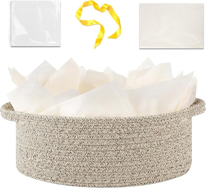 OIAHOMY Gift Basket with Handle, Small Woven Basket with Gift Bag，Ribbon and Wrap Tissue Paper，Nursery Bins Empty to Fill with Small Items, Baby，Pet Toy Organizer - Brown