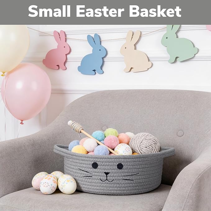 Small Woven Rope Cat Toy Basket with Cat Face Design, Grey | 9.8" x 4" Cute Toy Storage Bin for Living Room & Nursery, Pet Gift Basket Empty with Sturdy Handles