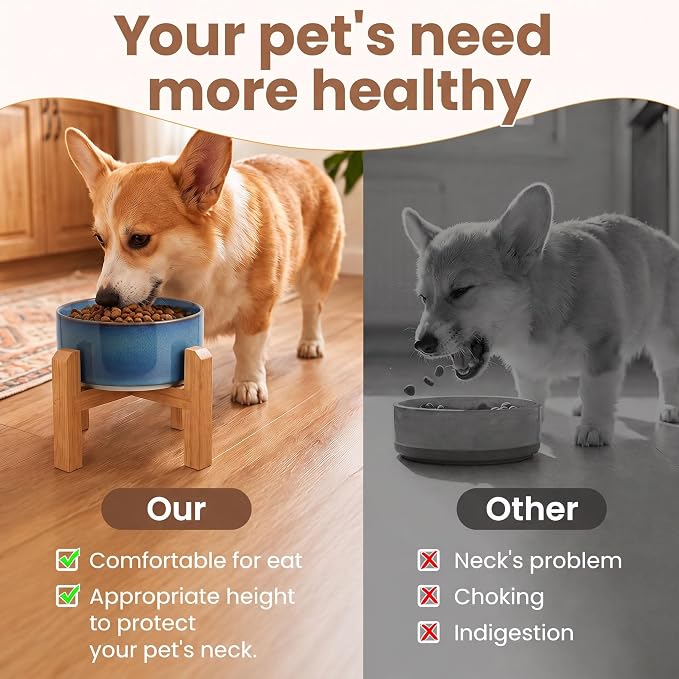 hjn Elevated Ceramic Dog Bowl with Bamboo Stand, Raised Pet Feeding Station for Small Medium Dogs Cats, Modern Design with Anti-Slip Base (Deep Blue, 3.6Cup)